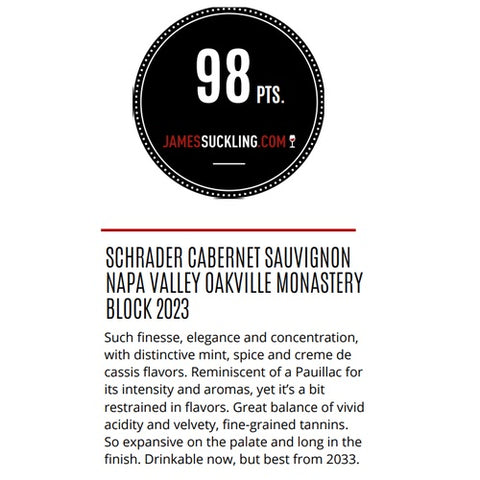 Schrader Monastery Block Cabernet Sauvignon 2023 *** PreSale Lands Jan 2026 ***