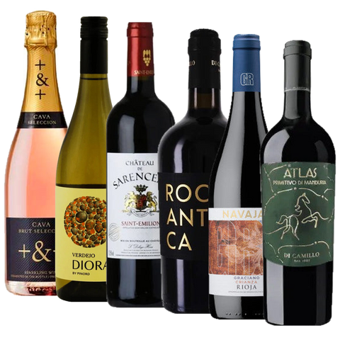 The Christmas Selection mixed case: Pinord +&+ Rosé Cava, Pinord Diorama Verdejo, Château Sarenceau, Rocca Antica Negroamaro, Navajas Graciano Crianza, Atlas Primitivo di Manduria